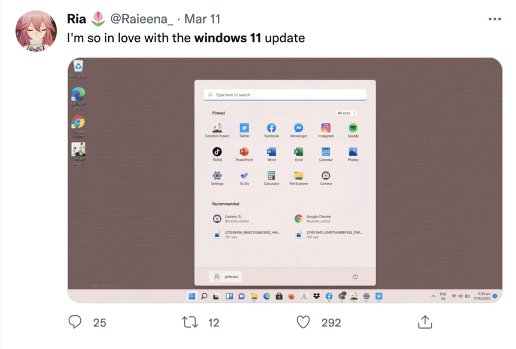 Twiter user talks about being in love with Windows 11