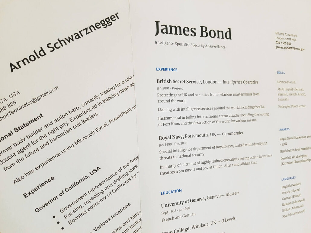 An image of two example resumes (James Bond and Arnold Schwarznegger)