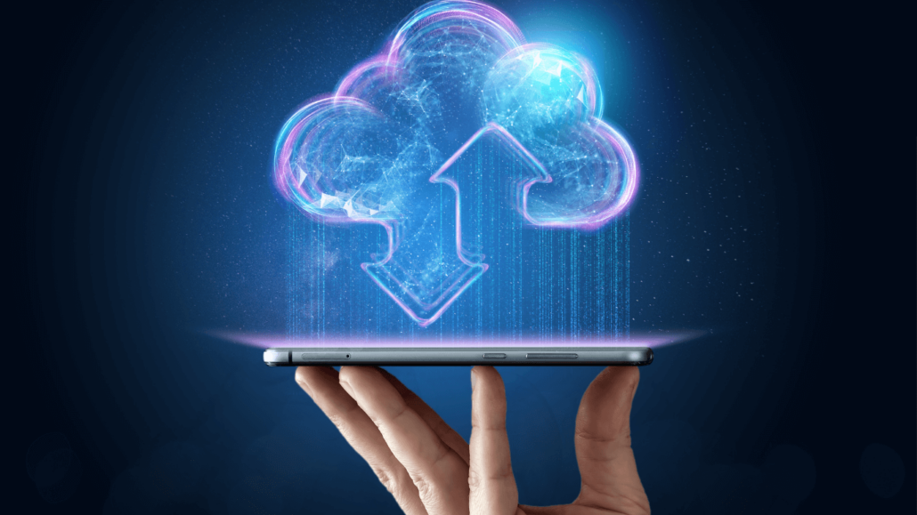 a cloud depicted above a hand holding a smartphone