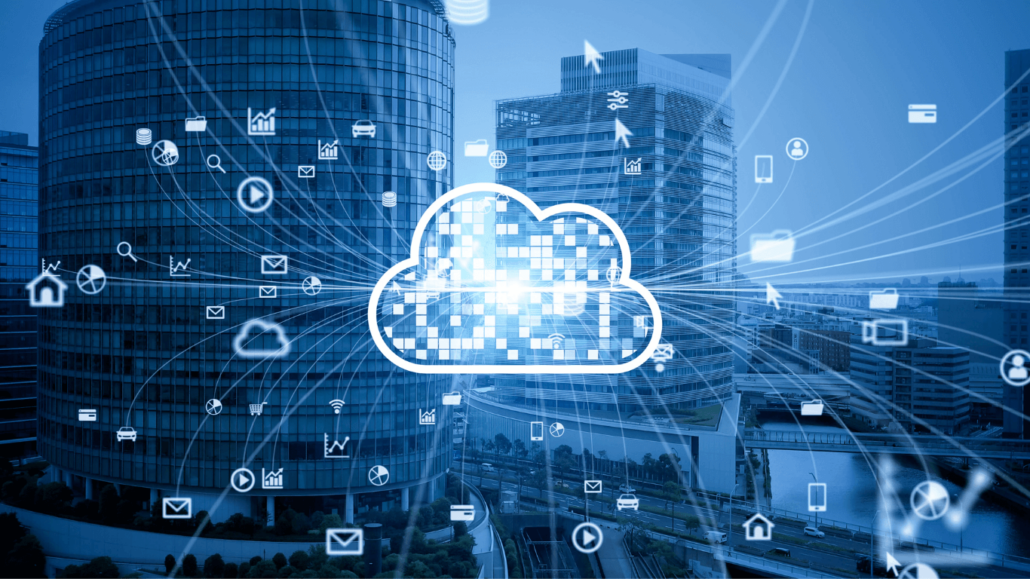 cloud icons overlaid above two skyscrapers to represent managed cloud services