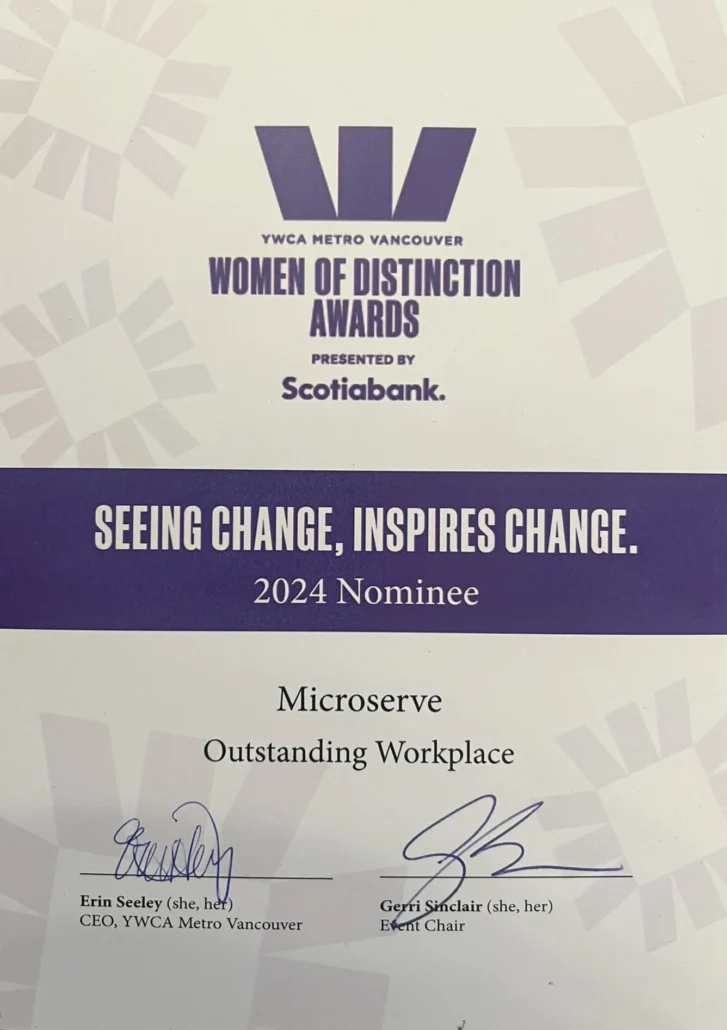 Image of Microserve's Women of Distinction Award Nomination Certificate
